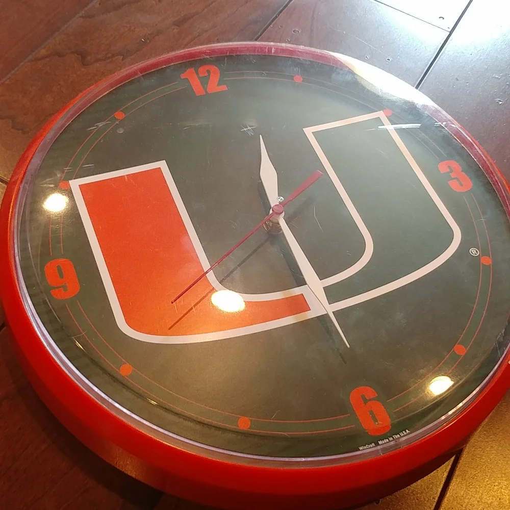 Miami Huricanes the U Plastic Wall Clock - Orange & Green - Football